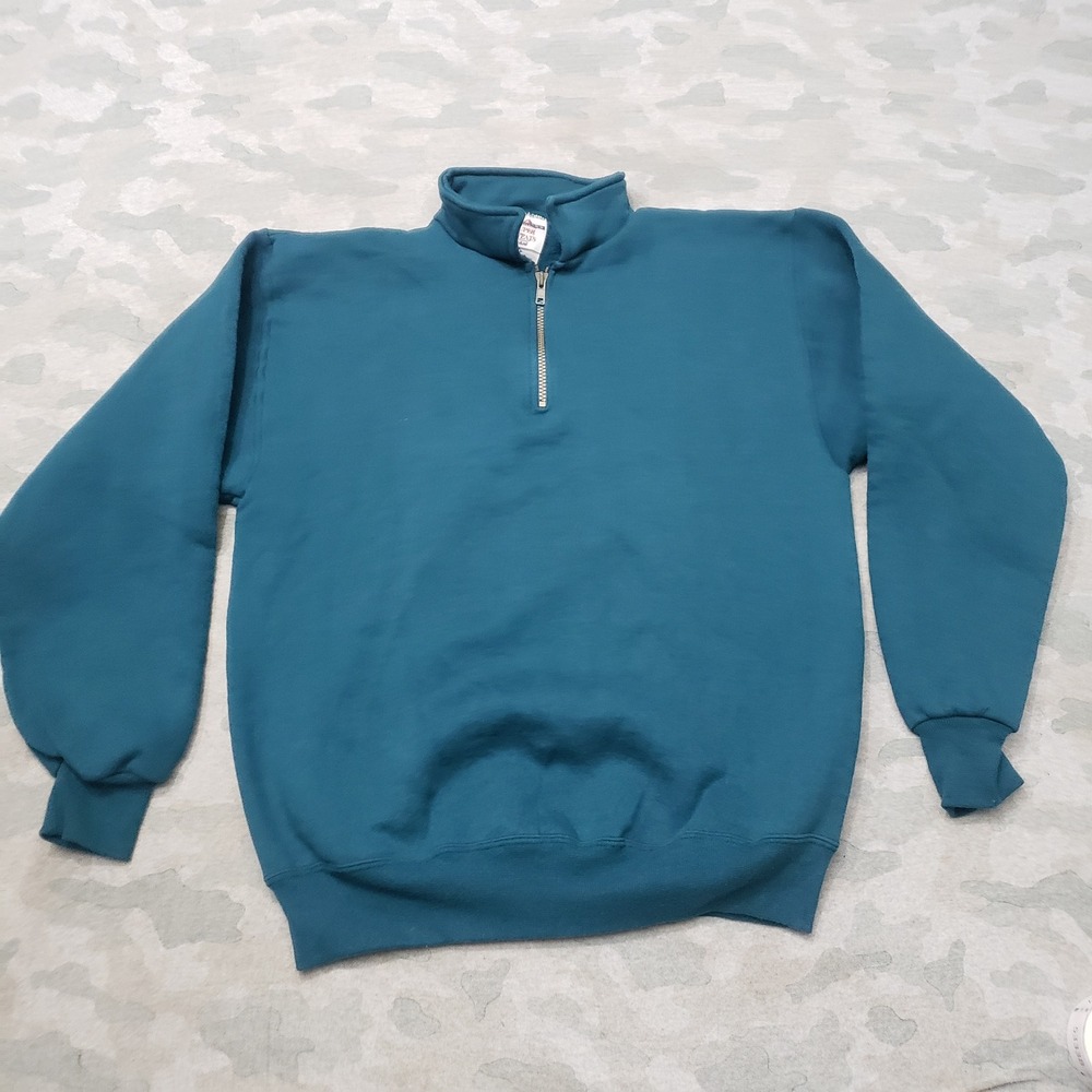 Vintage Jerzees Sweater Mens Medium Green Super Sweats Quarter Zip Pullover